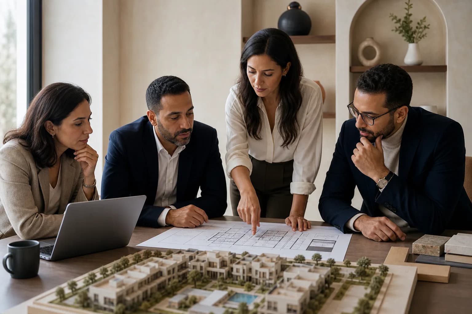 Équipe marocaine de promotion immobilière travaillant autour de plans et d’une maquette résidentielle