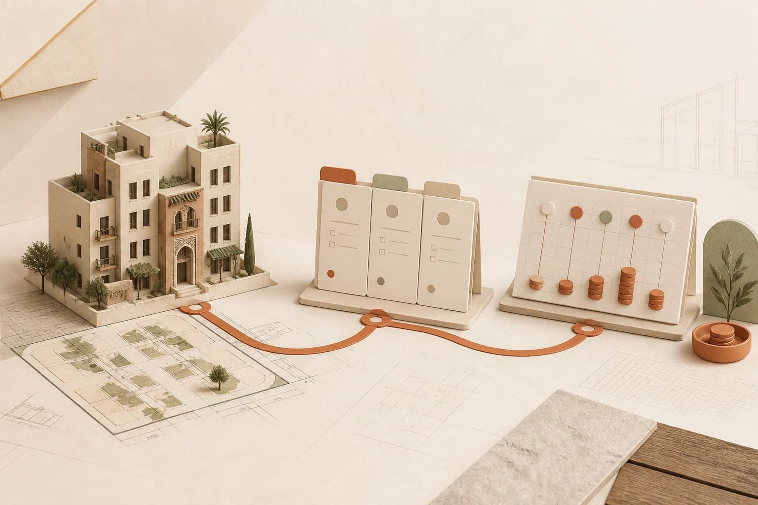 Illustration reliant un programme immobilier, des dossiers prospects et un échéancier de paiements