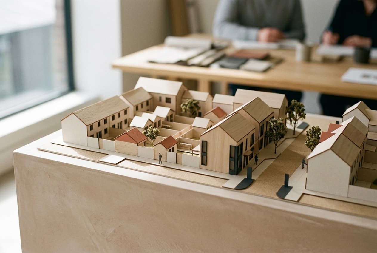 Maquette d’un programme résidentiel posée sur un socle, lors d’une réunion de suivi commercial
