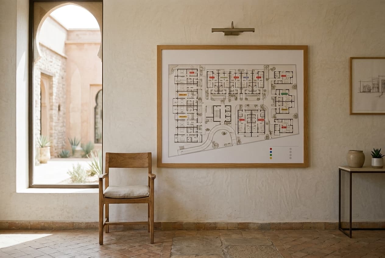 Bureau de vente d’un programme immobilier avec un plan de masse affiché au mur et des repères de couleur sur les lots