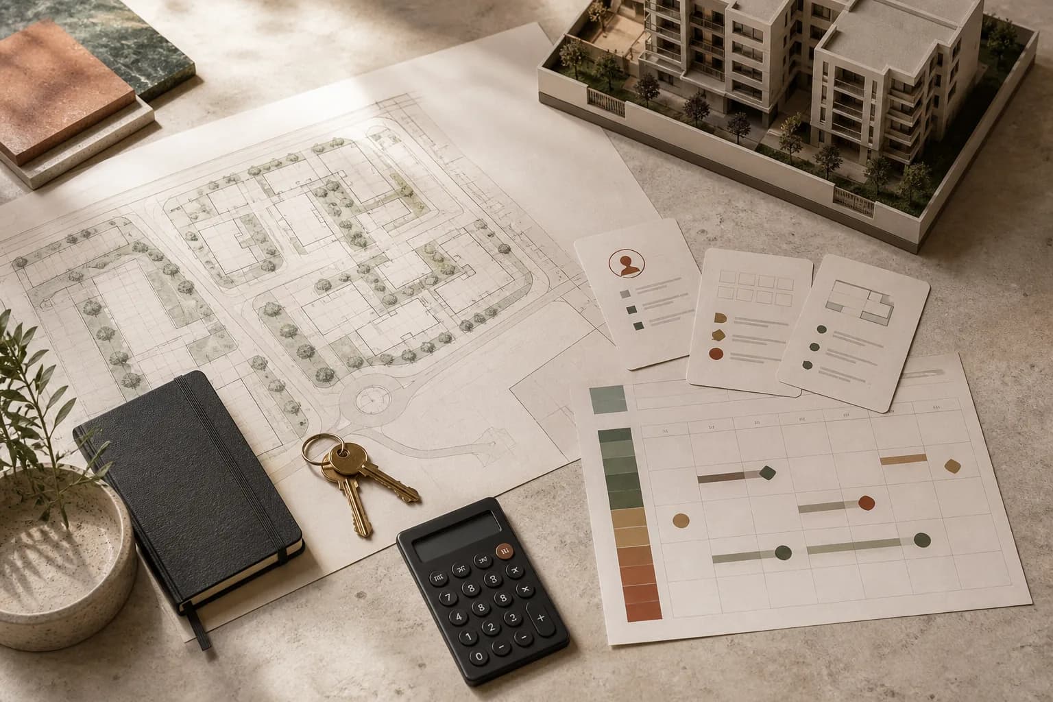 Plans immobiliers, maquette, clés et supports de pilotage réunis sur une table de travail