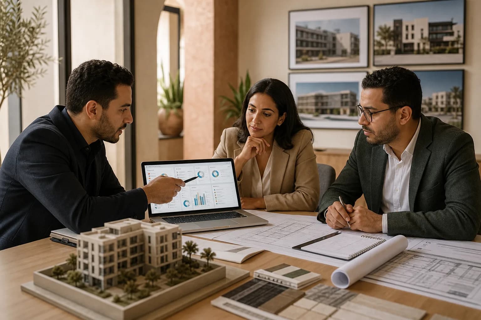 Équipe de promotion immobilière au Maroc comparant un CRM autour de plans et d’une maquette de programme