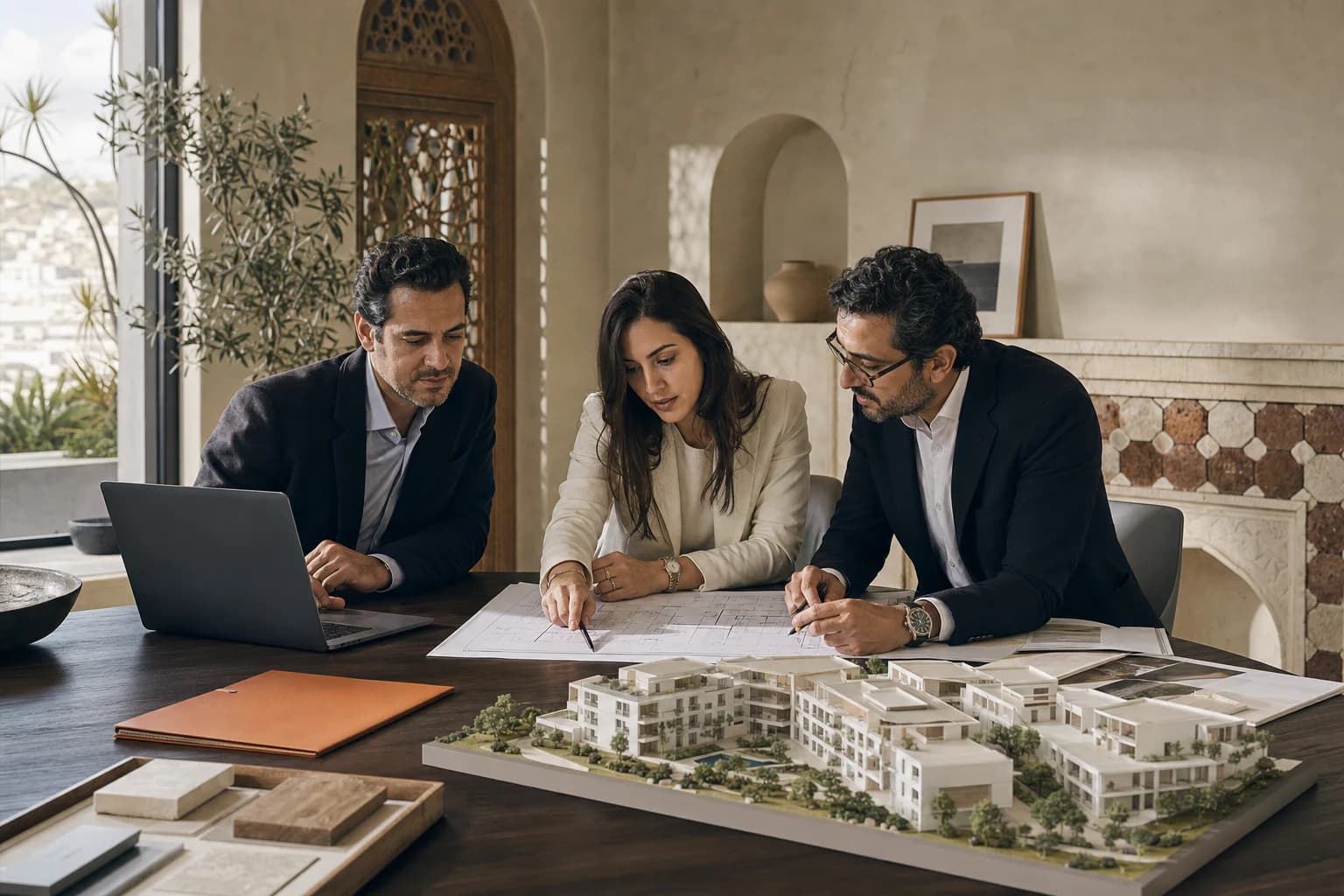 Une équipe de promotion immobilière prépare un programme autour d’un plan, d’une maquette et de Promoteur360