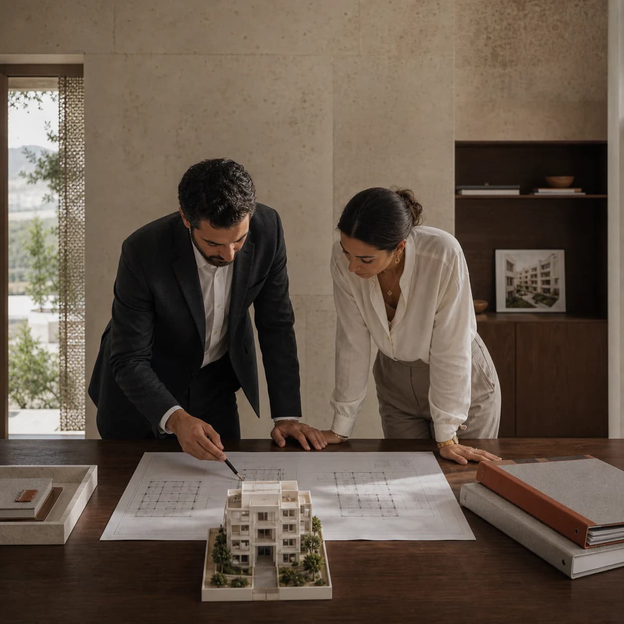 Architectes organisant un programme immobilier autour d’un plan et d’une maquette