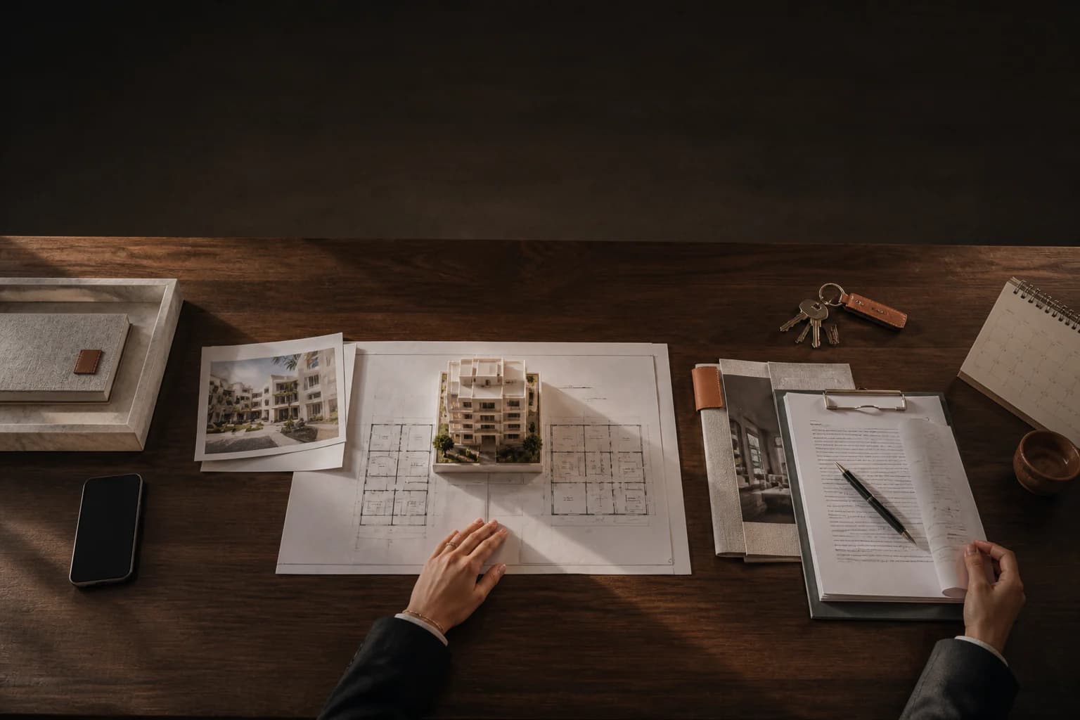 Dossier immobilier réunissant téléphone, plans, maquette, clés, contrat et échéancier