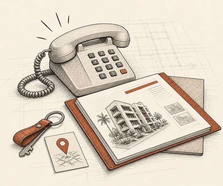 Téléphone, dossier immobilier et clés illustrant le suivi d’un prospect