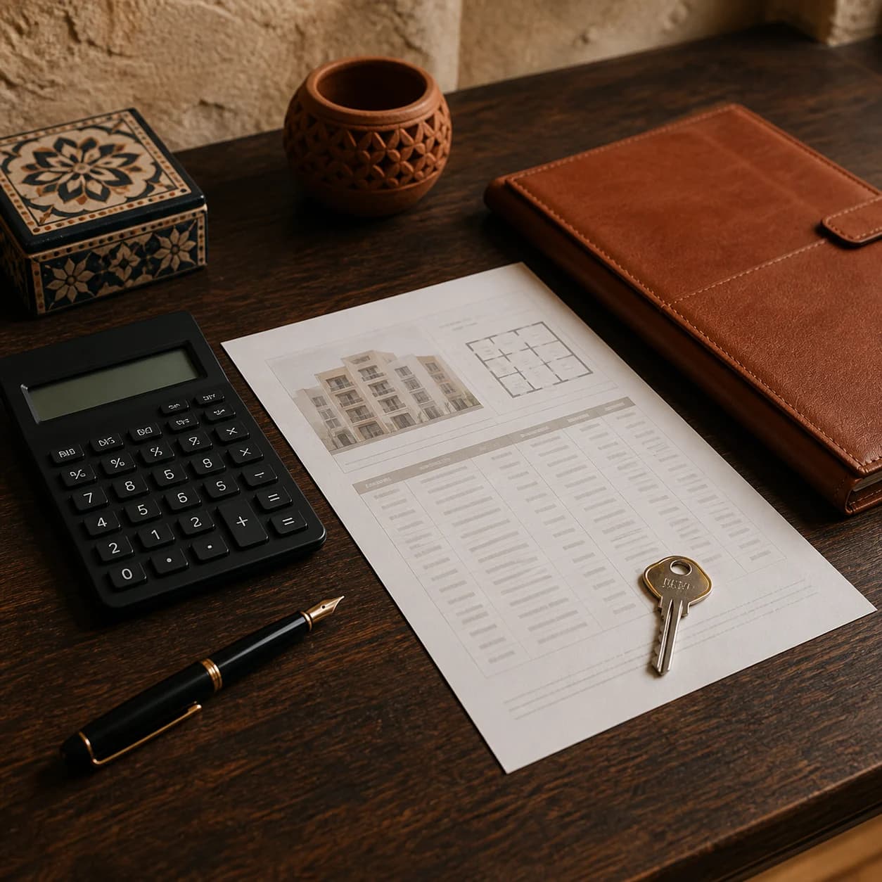 Calculatrice, échéancier, contrat et clé d’un lot immobilier
