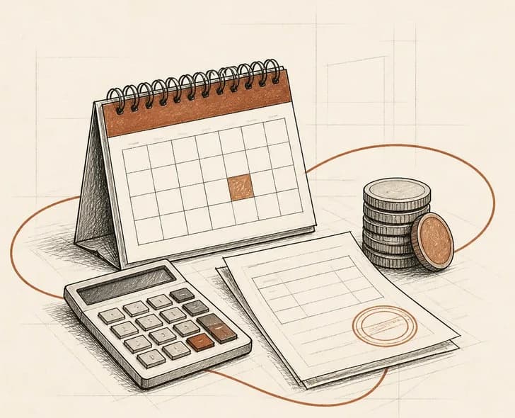 Calendrier et calculatrice illustrant le suivi des échéances et encaissements immobiliers