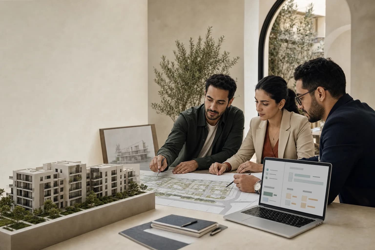 Équipe de promotion immobilière coordonnant un programme autour d’un plan, d’une maquette et d’un CRM