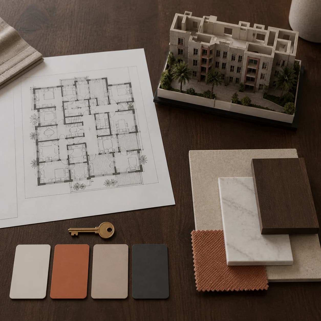 Plan, maquette et matériaux réunis pour gérer les lots immobiliers