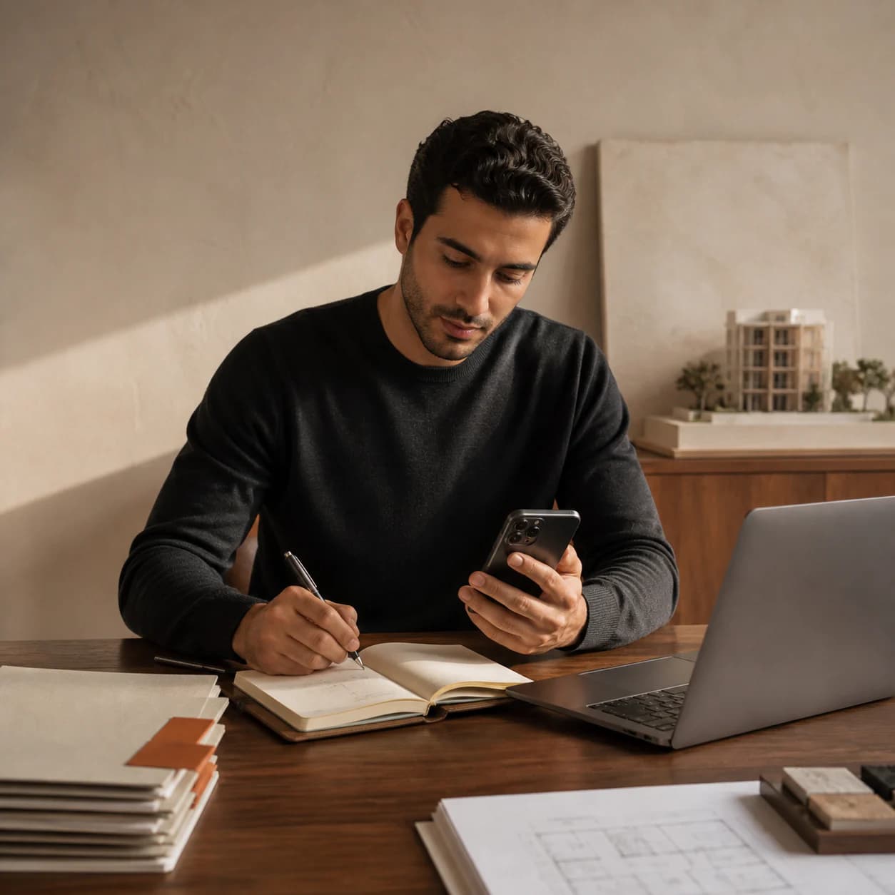Conseiller immobilier préparant la prochaine action d’un prospect